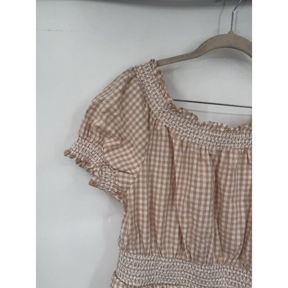 J. Crew Smocked Puff Sleeve Dress Women Medium Peach Gingham Milk Maid Peasant - Picture 9 of 13